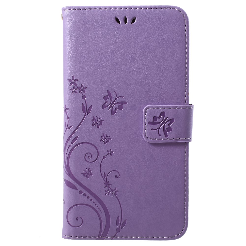 Imprint Butterfly Flower Leather Wallet Stand Protection Cover for Huawei P Smart / Enjoy 7S - Light Purple-1