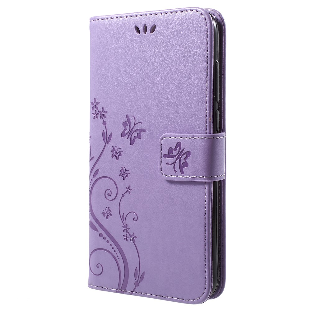 Imprint Butterfly Flower Leather Wallet Stand Protection Cover for Huawei P Smart / Enjoy 7S - Light Purple-2