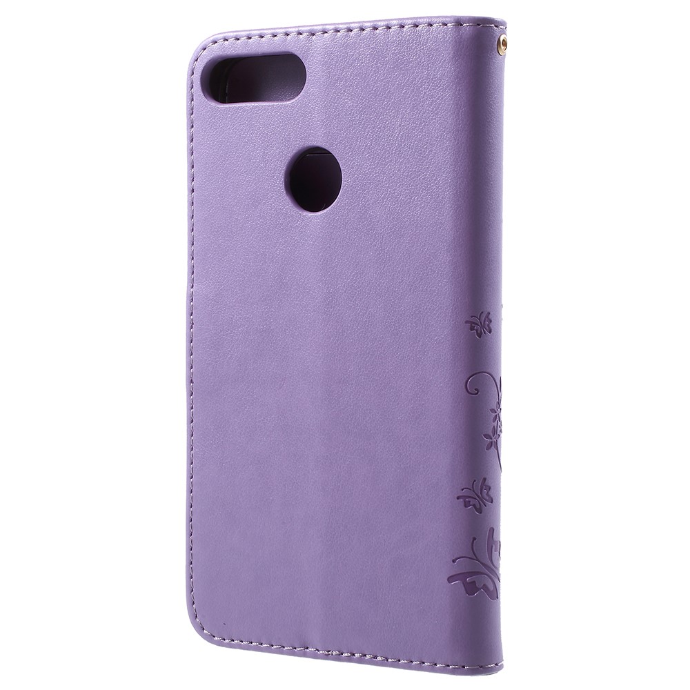 Imprint Butterfly Flower Leather Wallet Stand Protection Cover for Huawei P Smart / Enjoy 7S - Light Purple-3
