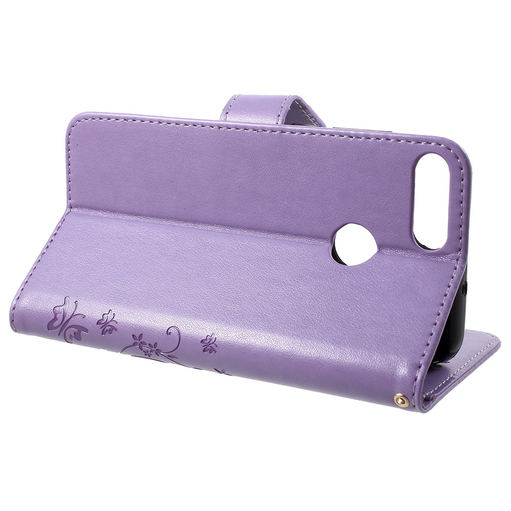 Imprint Butterfly Flower Leather Wallet Stand Protection Cover for Huawei P Smart / Enjoy 7S - Light Purple-4