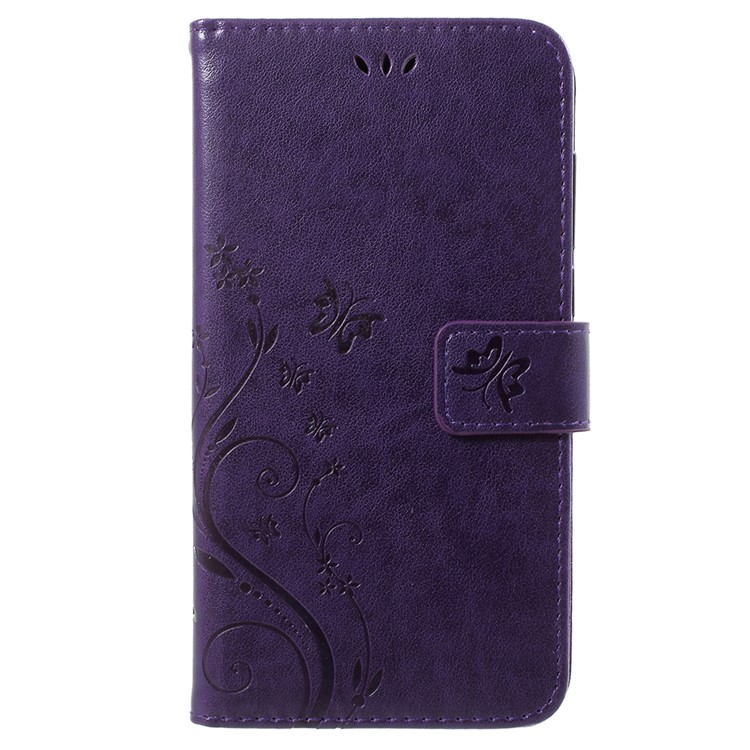 Imprint Butterfly Flower Leather Wallet Stand Cell Phone Case for Huawei P Smart / Enjoy 7S - Dark Blue-1