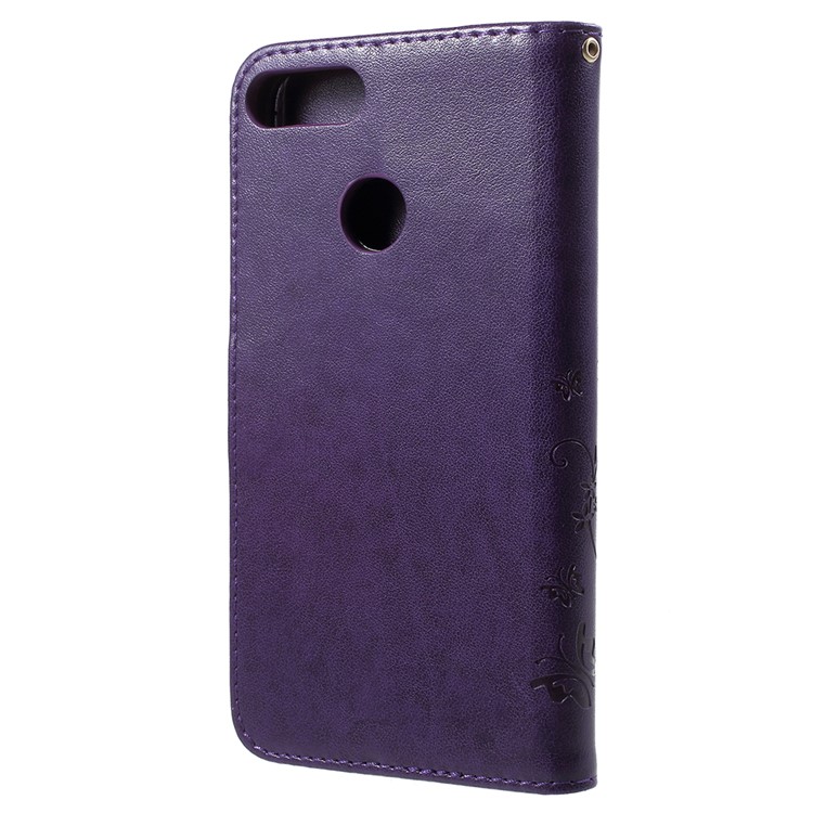 Imprint Butterfly Flower Leather Wallet Stand Cell Phone Case for Huawei P Smart / Enjoy 7S - Dark Blue-3