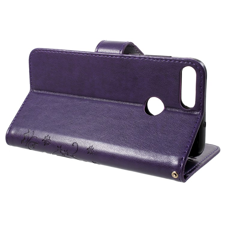 Imprint Butterfly Flower Leather Wallet Stand Cell Phone Case for Huawei P Smart / Enjoy 7S - Dark Blue-4