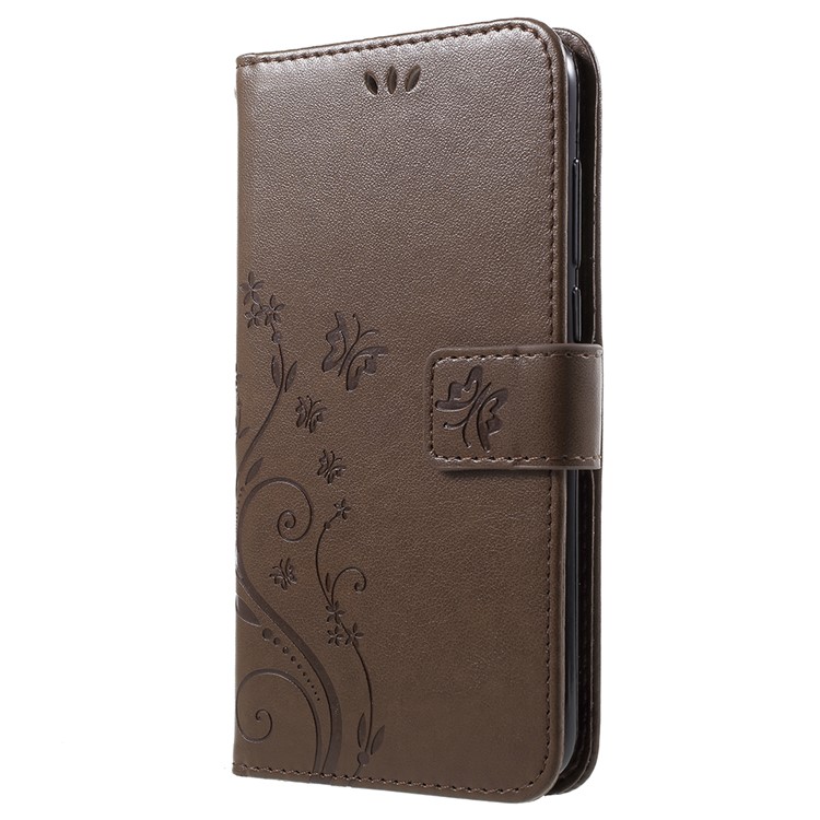 Imprint Butterfly Flower Leather Wallet Stand Mobile Phone Case for Huawei P Smart / Enjoy 7S - Brown-2