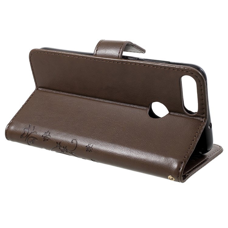 Imprint Butterfly Flower Leather Wallet Stand Mobile Phone Case for Huawei P Smart / Enjoy 7S - Brown-4