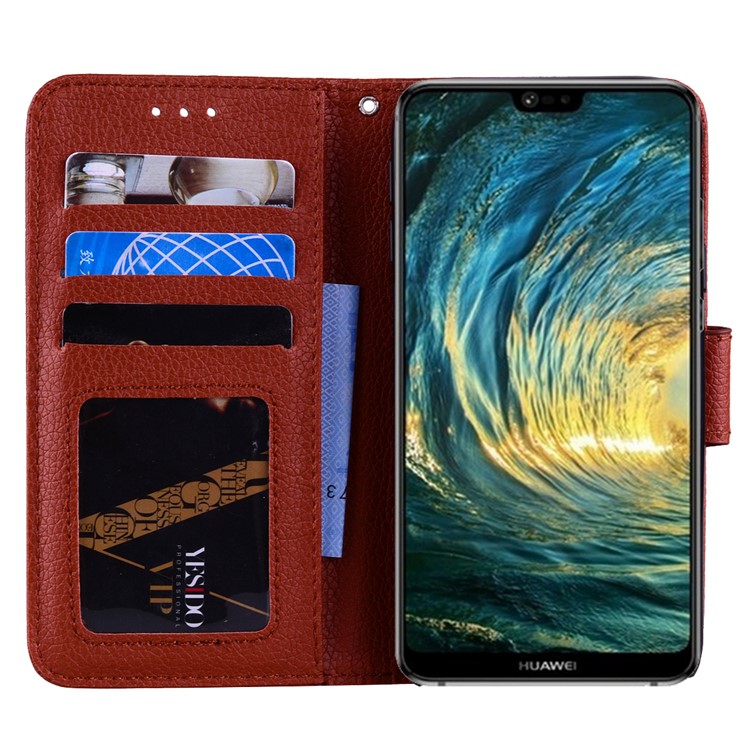 Litchi Skin Wallet Leather Cell Phone Case for Huawei P20 Pro - Brown-6
