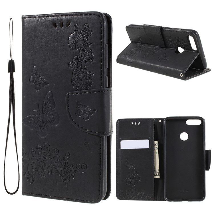 Imprint Butterfly Flower Leather Wallet Case for Huawei P Smart / Enjoy 7S - Black-1