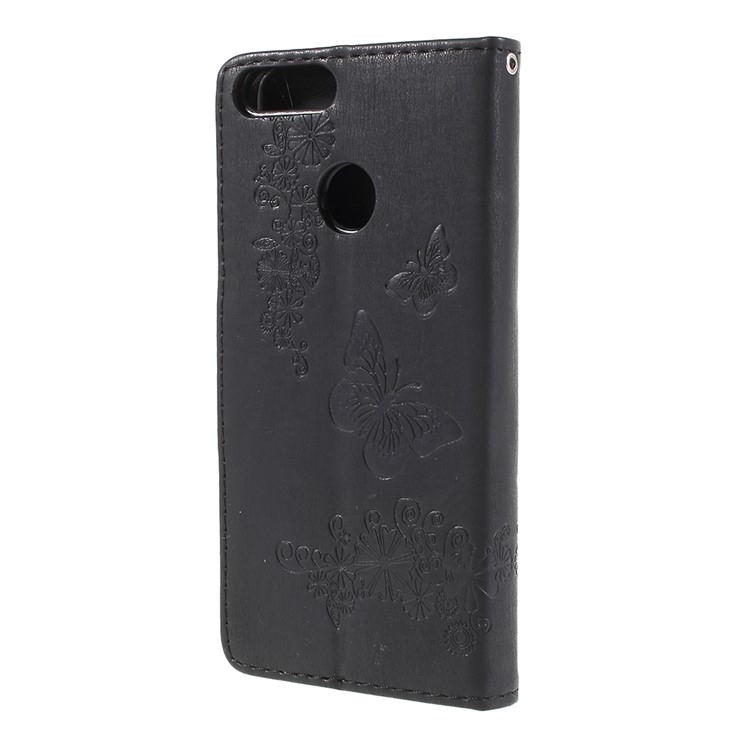 Imprint Butterfly Flower Leather Wallet Case for Huawei P Smart / Enjoy 7S - Black-2