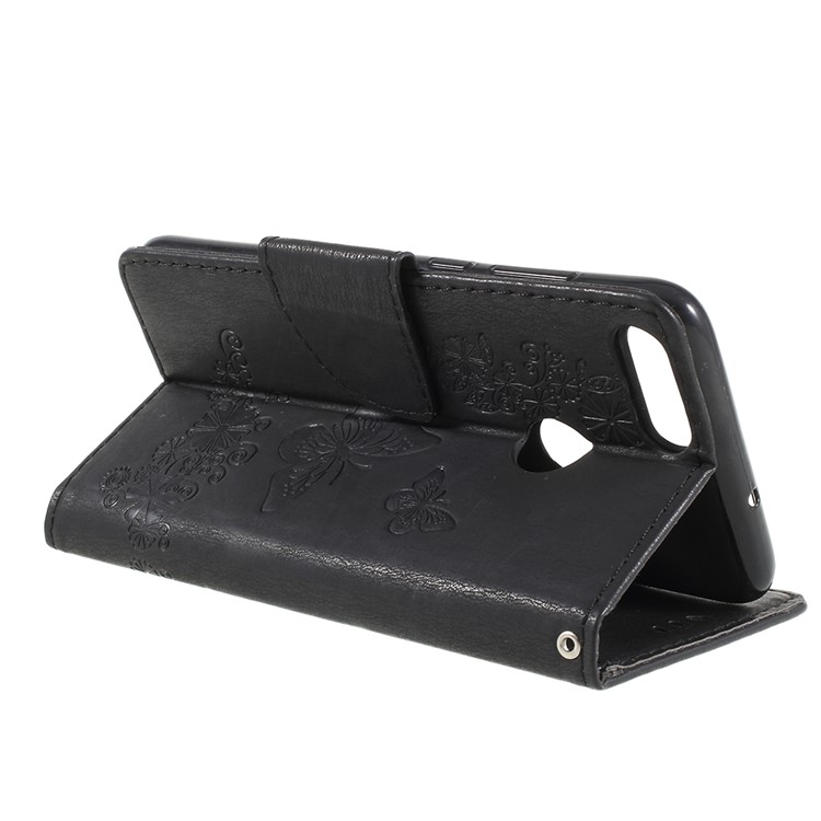Imprint Butterfly Flower Leather Wallet Case for Huawei P Smart / Enjoy 7S - Black-7
