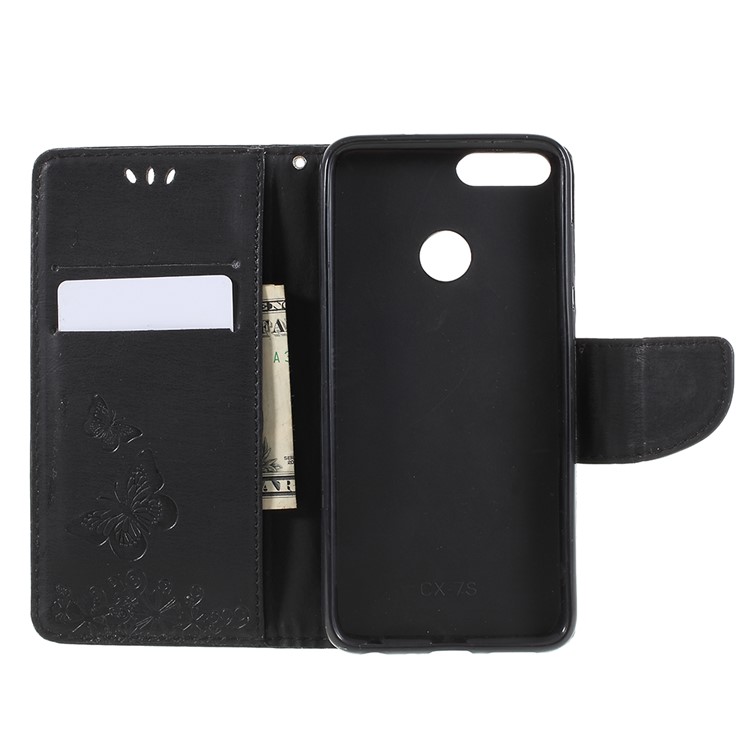 Imprint Butterfly Flower Leather Wallet Case for Huawei P Smart / Enjoy 7S - Black-8