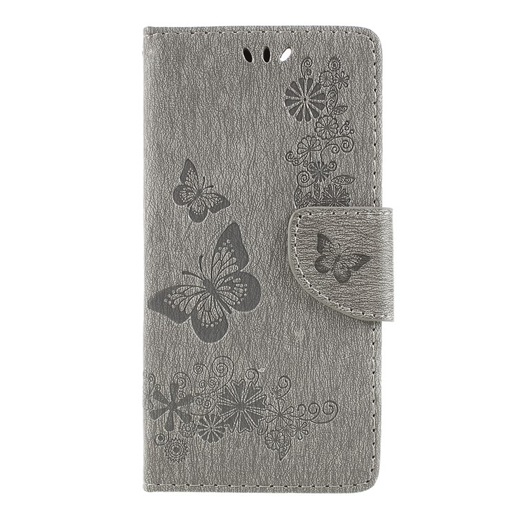 Imprint Butterfly Flower Leather Wallet Cover for Huawei P Smart / Enjoy 7S - Grey-1