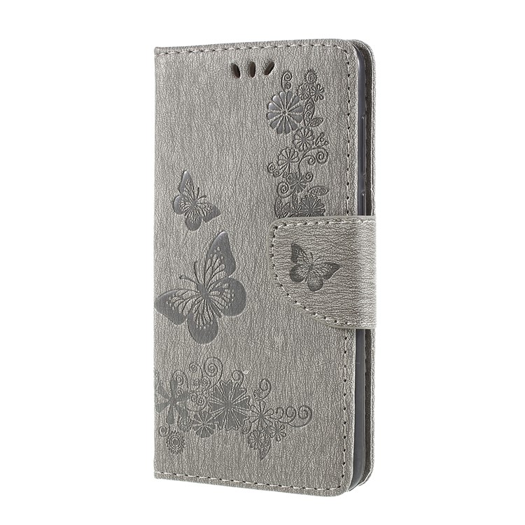Imprint Butterfly Flower Leather Wallet Cover for Huawei P Smart / Enjoy 7S - Grey-2