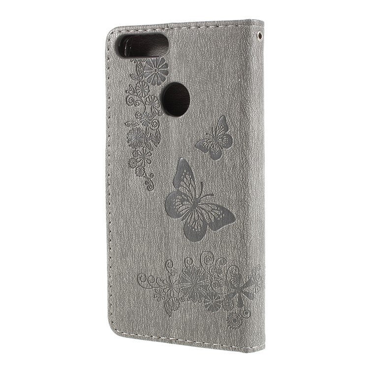 Imprint Butterfly Flower Leather Wallet Cover for Huawei P Smart / Enjoy 7S - Grey-3