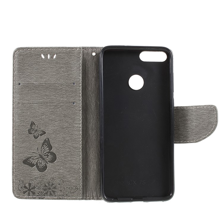 Imprint Butterfly Flower Leather Wallet Cover for Huawei P Smart / Enjoy 7S - Grey-6
