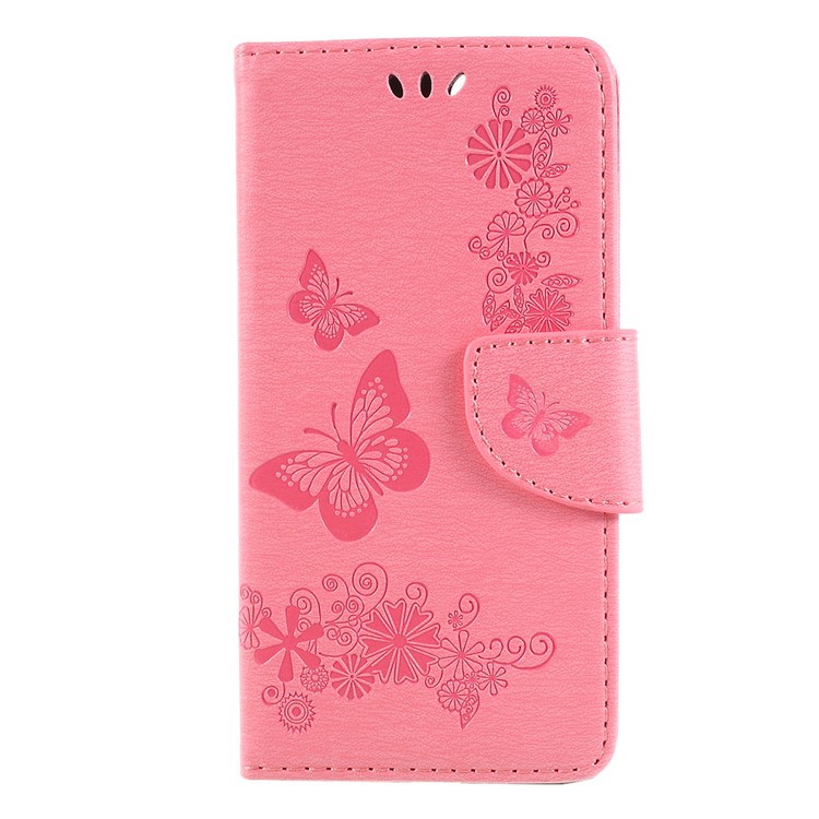 Imprint Butterfly Flower Stand Leather Wallet Case for Huawei P Smart / Enjoy 7S - Pink-1