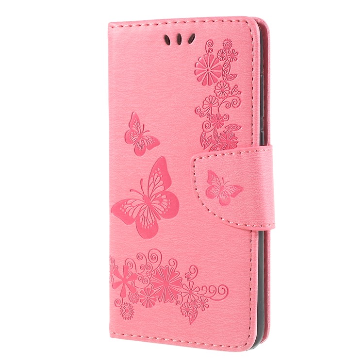 Imprint Butterfly Flower Stand Leather Wallet Case for Huawei P Smart / Enjoy 7S - Pink-2