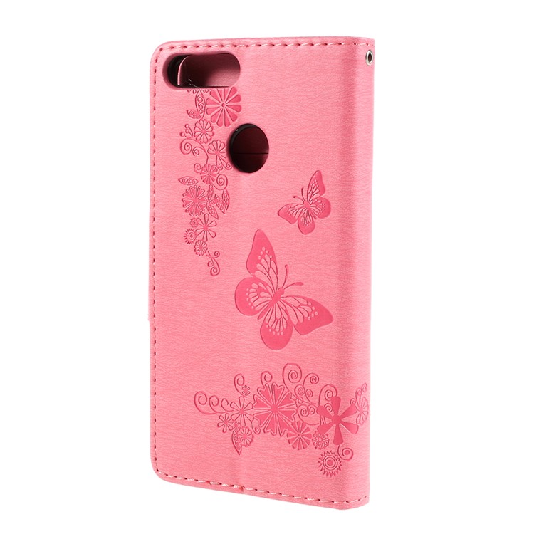 Imprint Butterfly Flower Stand Leather Wallet Case for Huawei P Smart / Enjoy 7S - Pink-3