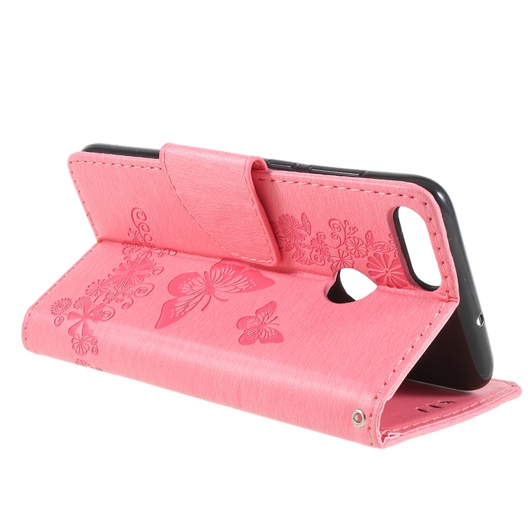 Imprint Butterfly Flower Stand Leather Wallet Case for Huawei P Smart / Enjoy 7S - Pink-5