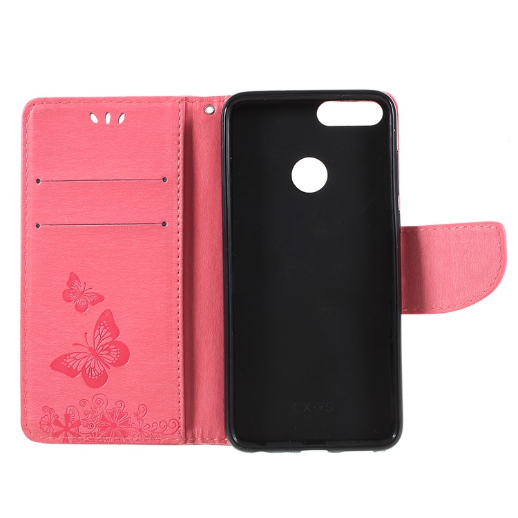 Imprint Butterfly Flower Stand Leather Wallet Case for Huawei P Smart / Enjoy 7S - Pink-6