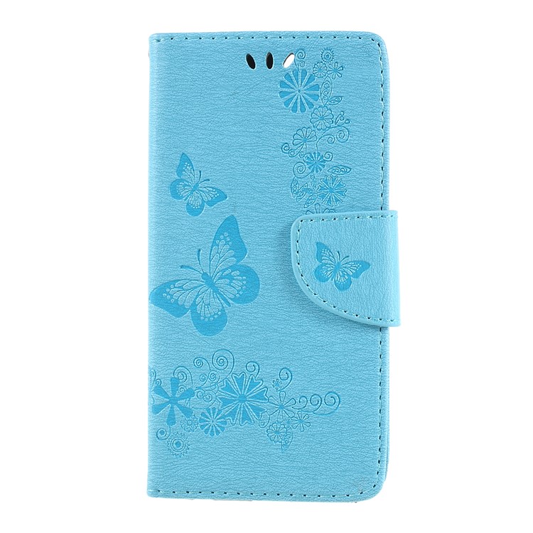 Imprint Butterfly Flower Wallet Leather Stand Case for Huawei P Smart / Enjoy 7S - Blue-1