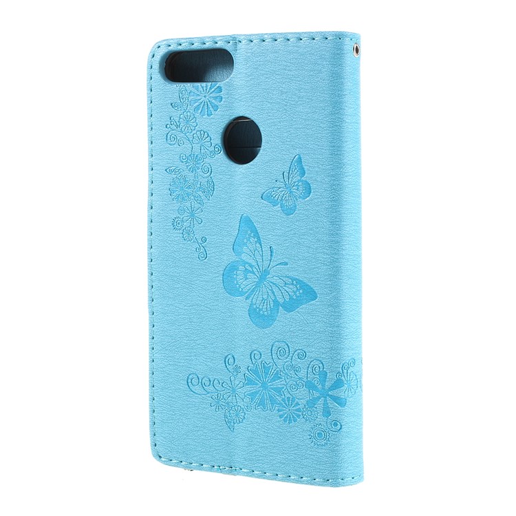 Imprint Butterfly Flower Wallet Leather Stand Case for Huawei P Smart / Enjoy 7S - Blue-3