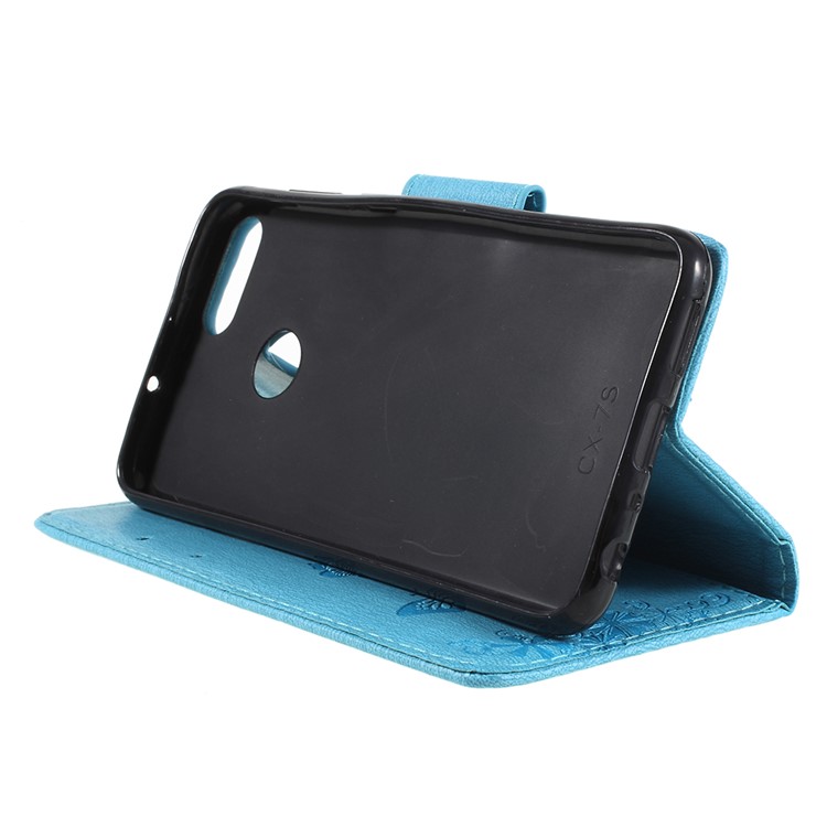 Imprint Butterfly Flower Wallet Leather Stand Case for Huawei P Smart / Enjoy 7S - Blue-4