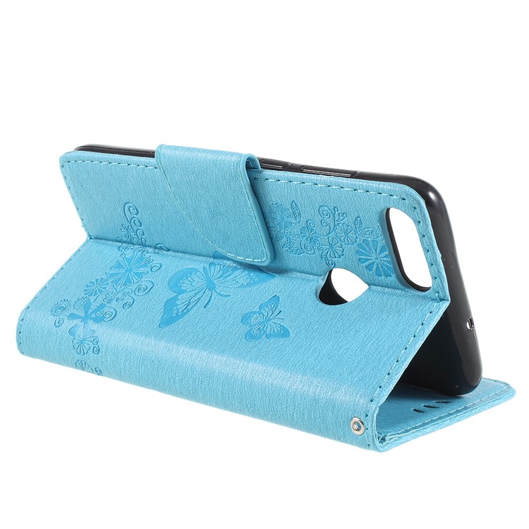 Imprint Butterfly Flower Wallet Leather Stand Case for Huawei P Smart / Enjoy 7S - Blue-5