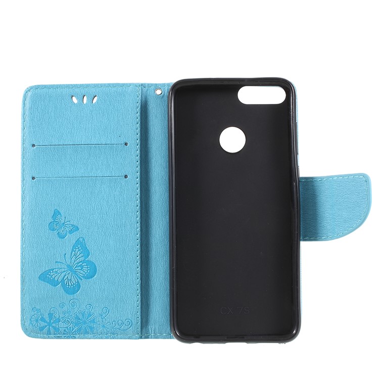 Imprint Butterfly Flower Wallet Leather Stand Case for Huawei P Smart / Enjoy 7S - Blue-6