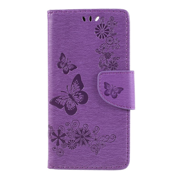 Imprint Butterfly Flower Wallet Leather Stand Cover for Huawei P Smart / Enjoy 7S - Purple-1