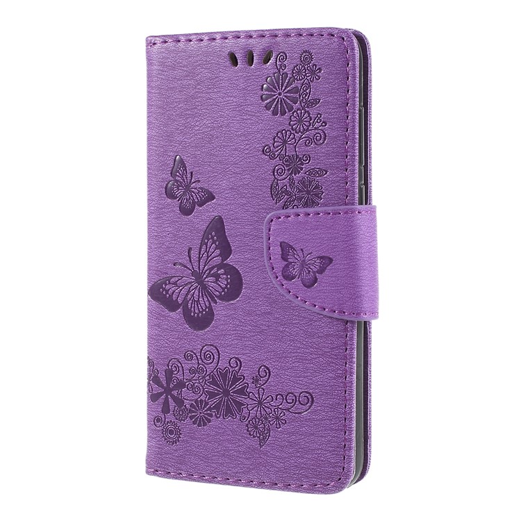 Imprint Butterfly Flower Wallet Leather Stand Cover for Huawei P Smart / Enjoy 7S - Purple-2