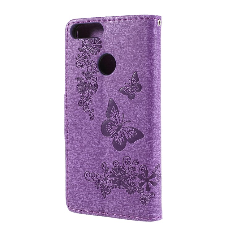 Imprint Butterfly Flower Wallet Leather Stand Cover for Huawei P Smart / Enjoy 7S - Purple-3