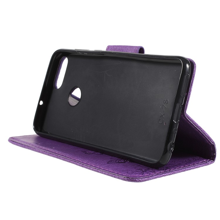 Imprint Butterfly Flower Wallet Leather Stand Cover for Huawei P Smart / Enjoy 7S - Purple-4