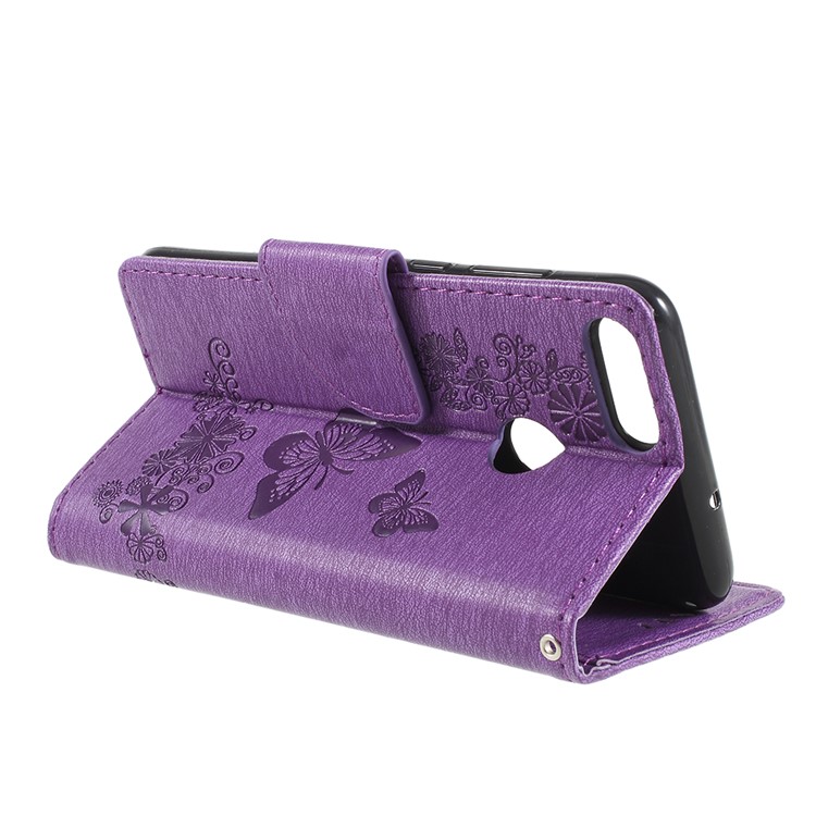 Imprint Butterfly Flower Wallet Leather Stand Cover for Huawei P Smart / Enjoy 7S - Purple-5