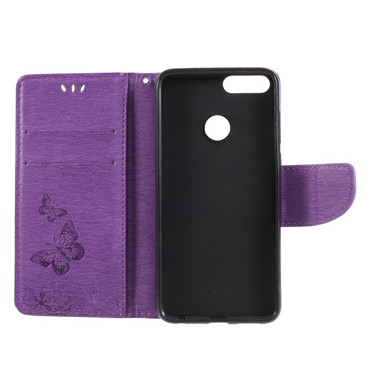 Imprint Butterfly Flower Wallet Leather Stand Cover for Huawei P Smart / Enjoy 7S - Purple-6
