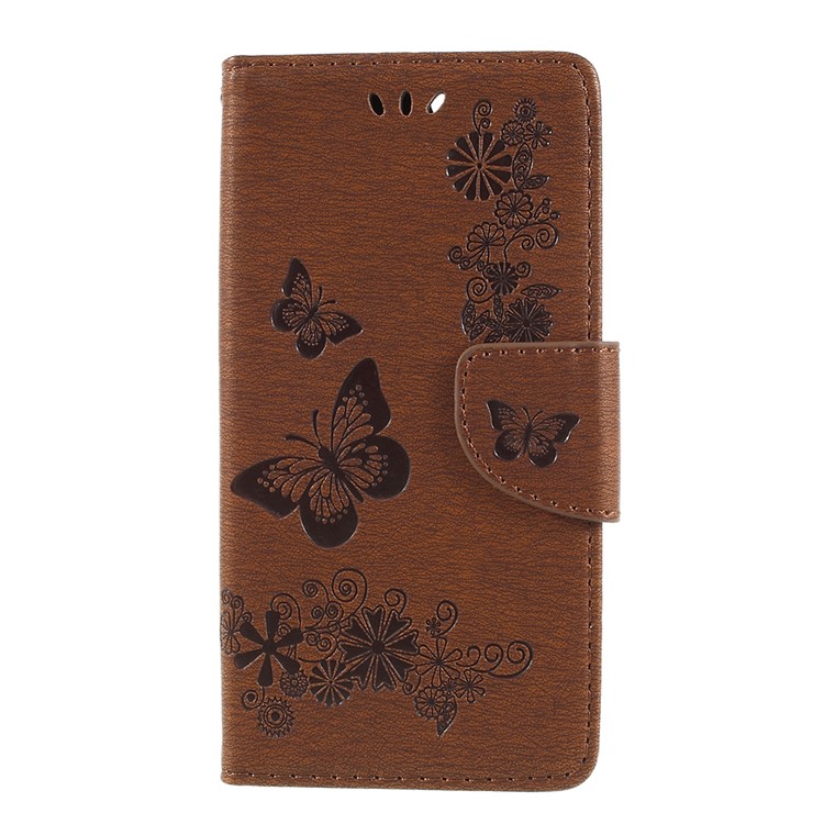 Imprint Butterfly Flower Wallet Leather Protection Case for Huawei P Smart / Enjoy 7S - Brown-1