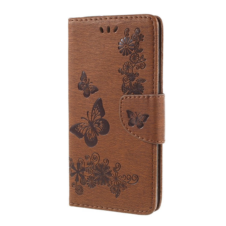 Imprint Butterfly Flower Wallet Leather Protection Case for Huawei P Smart / Enjoy 7S - Brown-2