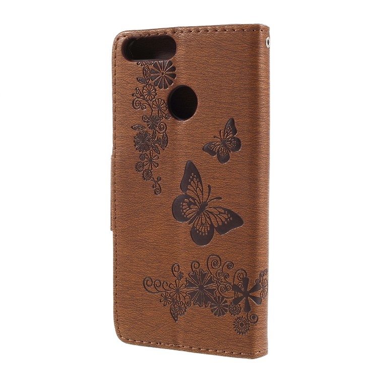 Imprint Butterfly Flower Wallet Leather Protection Case for Huawei P Smart / Enjoy 7S - Brown-3