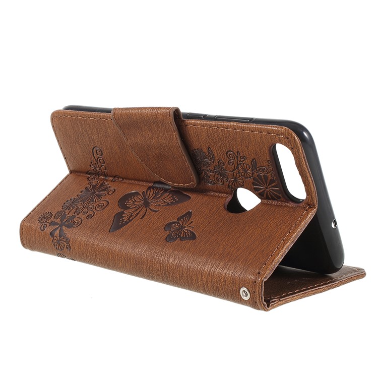 Imprint Butterfly Flower Wallet Leather Protection Case for Huawei P Smart / Enjoy 7S - Brown-5