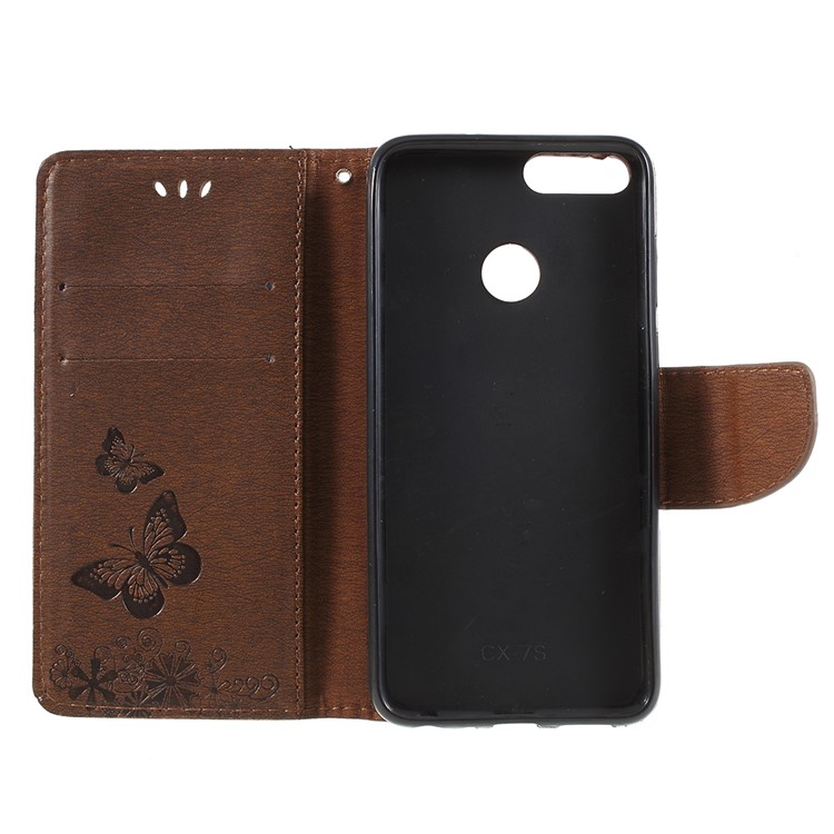 Imprint Butterfly Flower Wallet Leather Protection Case for Huawei P Smart / Enjoy 7S - Brown-6
