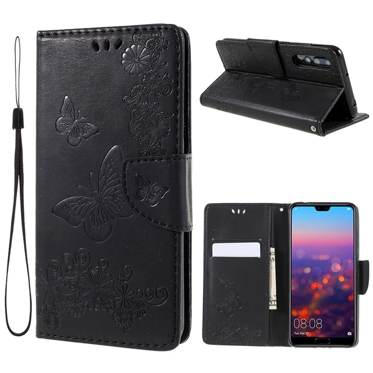 For Huawei P20 Pro Imprint Butterfly Flower Wallet Stand Leather Case - Black-1