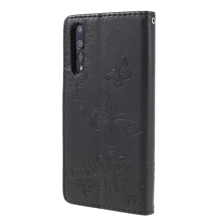 For Huawei P20 Pro Imprint Butterfly Flower Wallet Stand Leather Case - Black-2