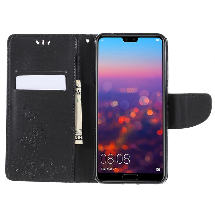 For Huawei P20 Pro Imprint Butterfly Flower Wallet Stand Leather Case - Black-6