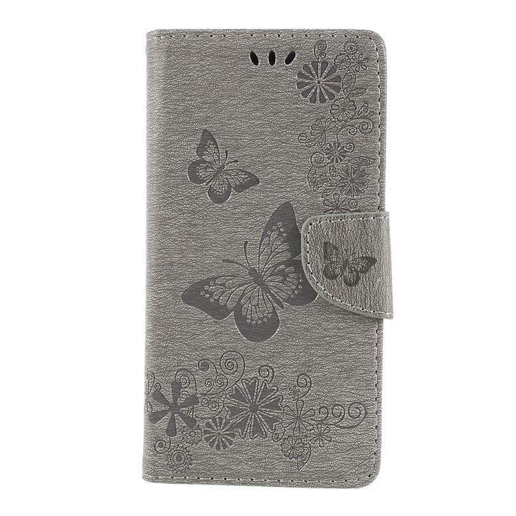 For Huawei P20 Pro Imprint Butterfly Flower Wallet Stand Leather Cover - Grey-1
