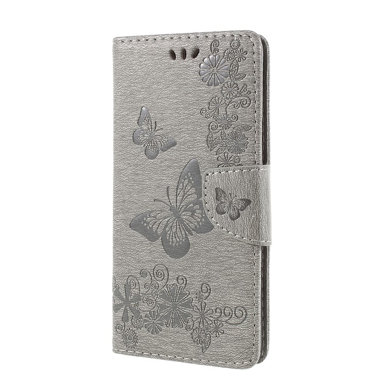 For Huawei P20 Pro Imprint Butterfly Flower Wallet Stand Leather Cover - Grey-2