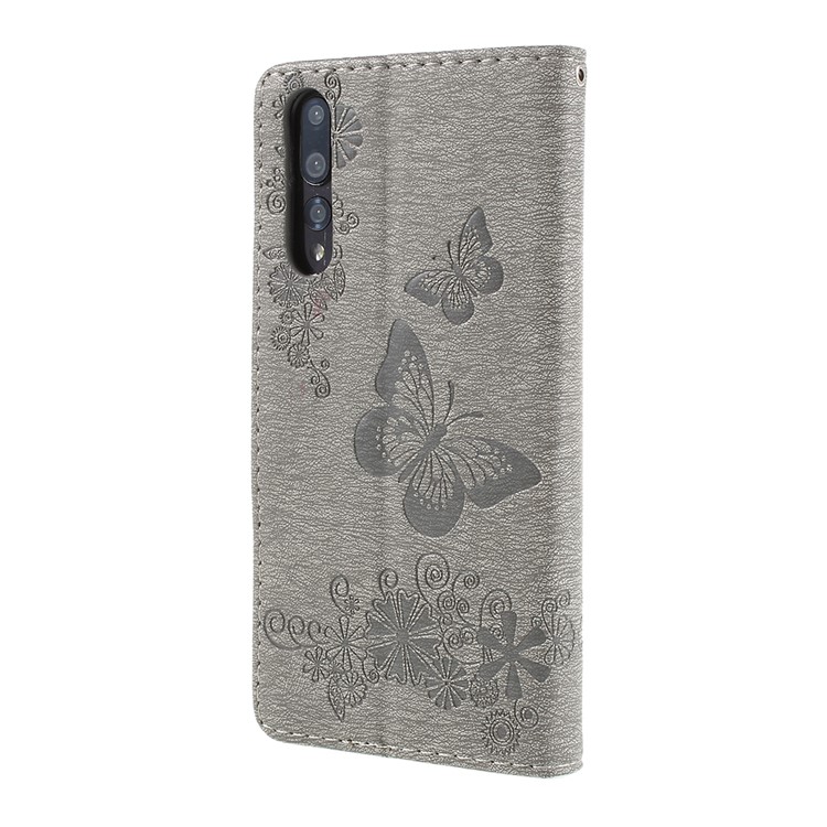 For Huawei P20 Pro Imprint Butterfly Flower Wallet Stand Leather Cover - Grey-3