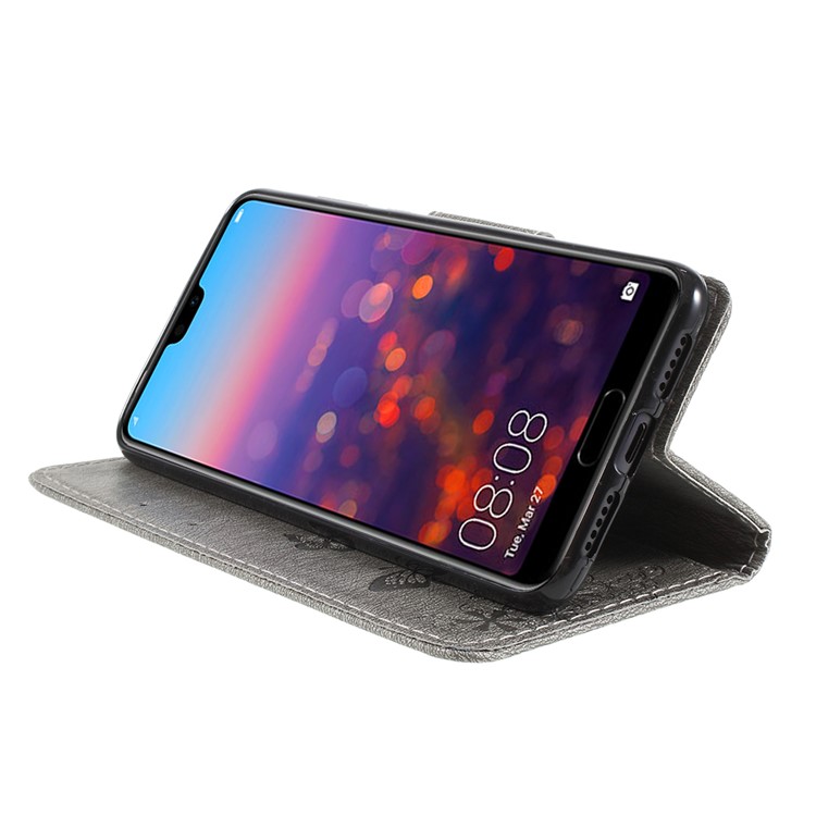 For Huawei P20 Pro Imprint Butterfly Flower Wallet Stand Leather Cover - Grey-4