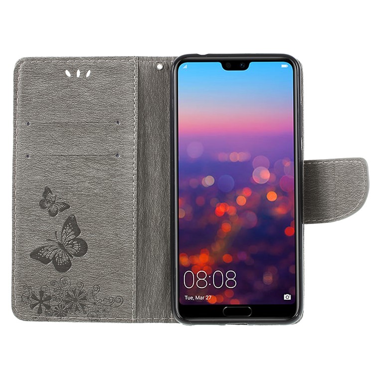 For Huawei P20 Pro Imprint Butterfly Flower Wallet Stand Leather Cover - Grey-6