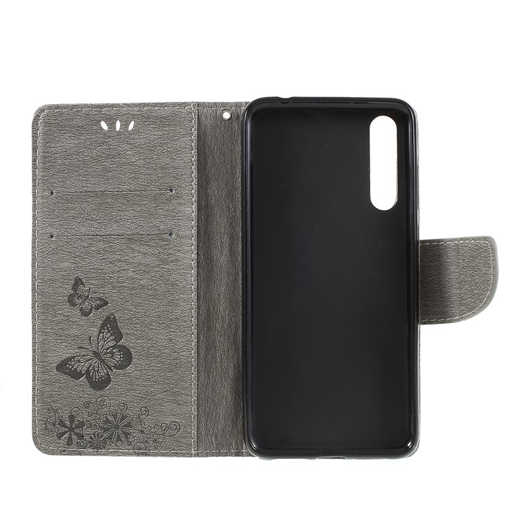 For Huawei P20 Pro Imprint Butterfly Flower Wallet Stand Leather Cover - Grey-7