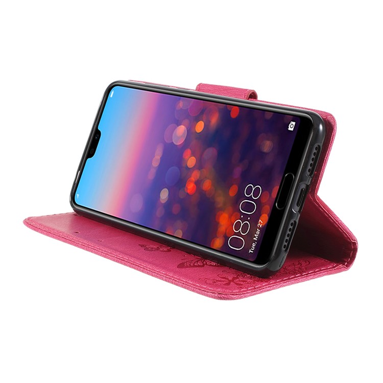 For Huawei P20 Pro Imprint Butterfly Flower Wallet Stand Leather Shell - Rose-4