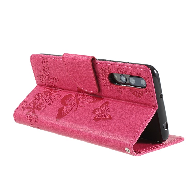 For Huawei P20 Pro Imprint Butterfly Flower Wallet Stand Leather Shell - Rose-5